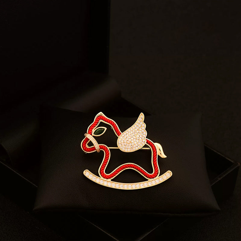 Red Cuddly Wooden Horse Brooch