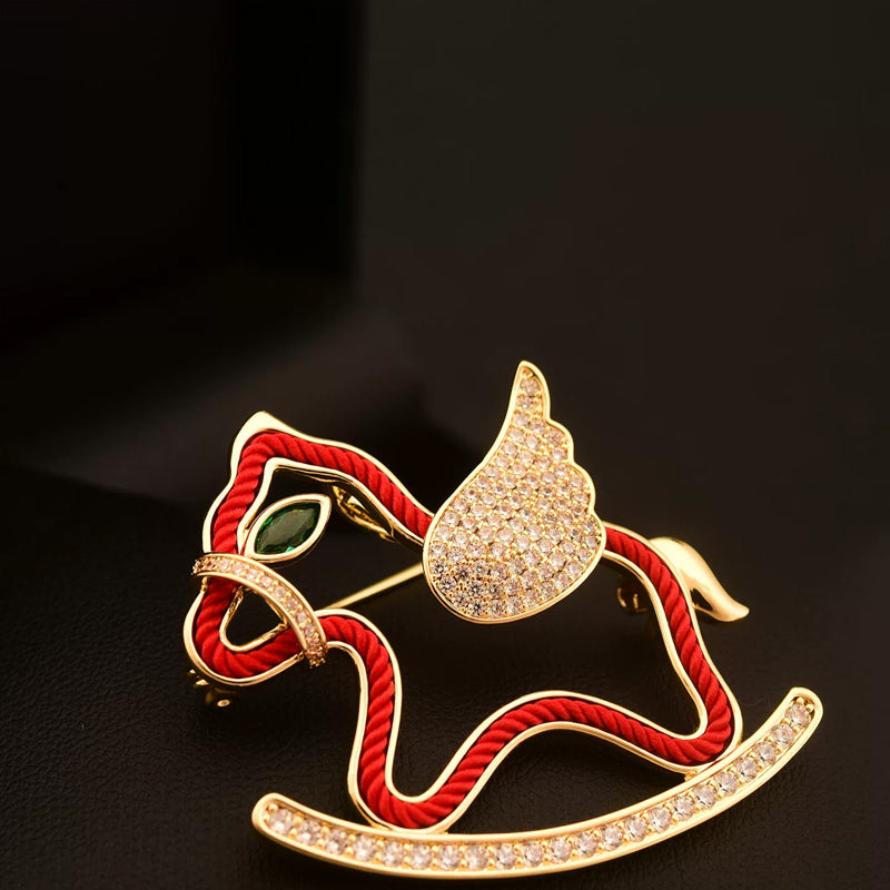 Red Cuddly Wooden Horse Brooch