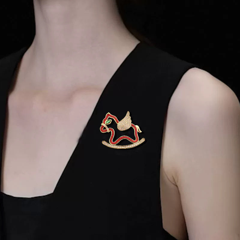 Red Cuddly Wooden Horse Brooch